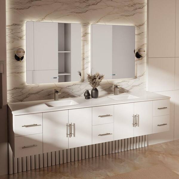 Geneva 84 in. W x 22 in. D Glossy White Double Bath Vanity, White Quartz Top, and Faucet Set