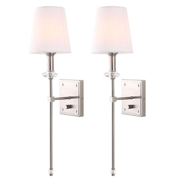 WINGBO Set of 2, with Oval Crystal & White Fabric Shade in Nickel Wall Sconce