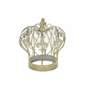 9 .25 in. White Vintage Look Fleur De Lis Gold Crown Sculpture