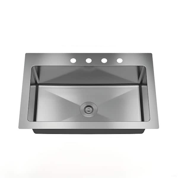 33 in. Drop-In Single Bowl Brushed Stainless Steel 18-Gauge 3 Faucet Holes Kitchen Sink with Strainer and Grids