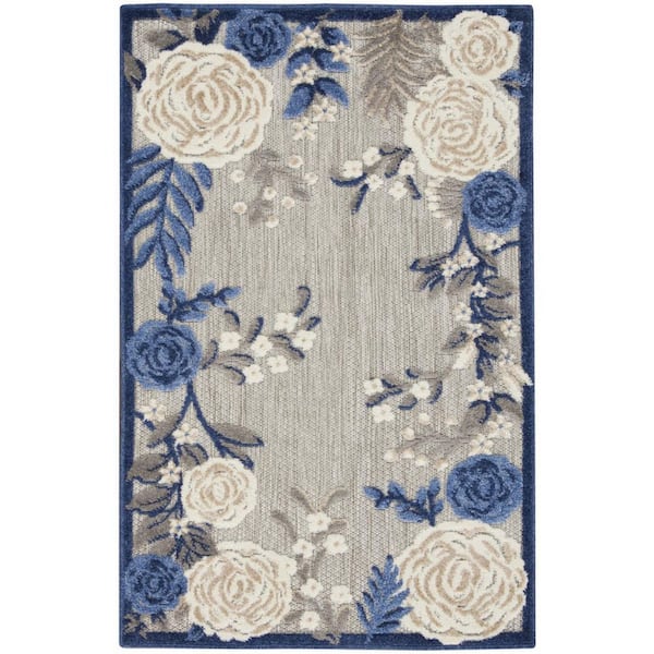 Blue, Gray 3 ft. x 4 ft. Loomed Floral Polypropylene Rectangle Indoor/Outdoor Area Rug