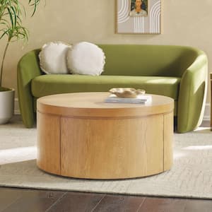 Maya 36 in. White Oak Modern Round Solid Oak Wood Veneer and MDF Coffee Table with Hidden Storage