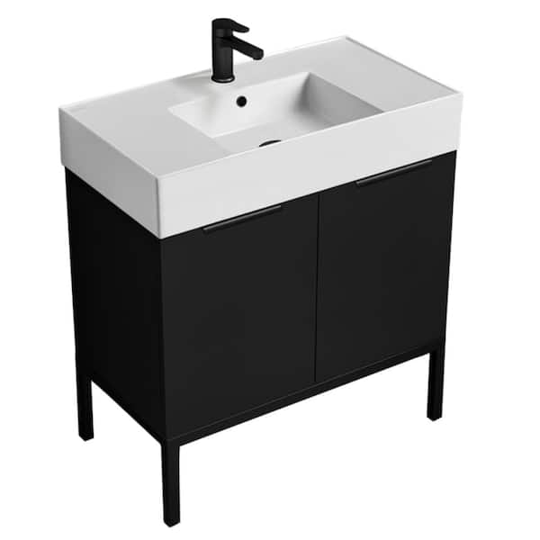 Derin 31.9 in. W x 17.3 in. D x 34.65 in. H Modern Bathroom Vanity in Matte Black With White Ceramic Top