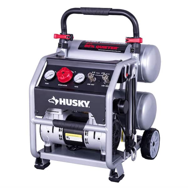 Husky 4.5 Gal. 175 PSI Portable Electric Oil-Free Quiet Twin Stack Jobsite Air Compressor w/Rubber Wheels and 2-Quick Couplers