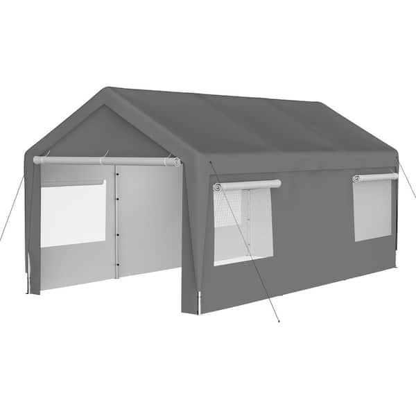 Sudzendf 10 ft. W x 20 ft. D x 9 ft. H Gray Roof Metal Carport Canopy with Removable Sidewalls and Roll-up Ventilated Windows