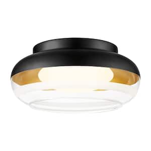 12 in. 12-Watt Modern Black Integrated LED Flush Mount with Striped Clear Glass