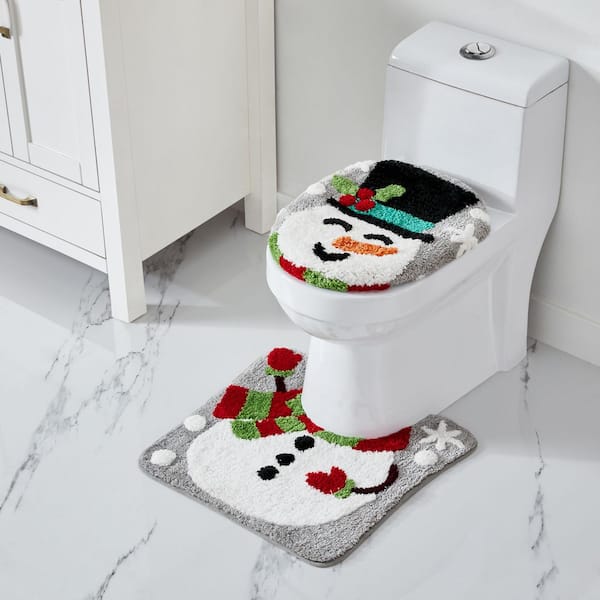 Waving Snowman Multi-Colored Tufted Square 2 Piece Rug Set Contour  and Toilet Seat Cover