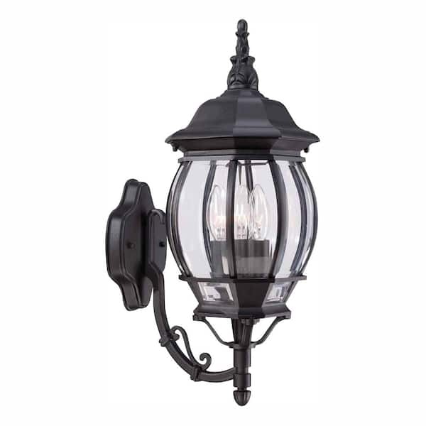 Hampton Bay 20.25 in. Black 3-Light Outdoor Wall Lamp with Clear Beveled Glass Shade