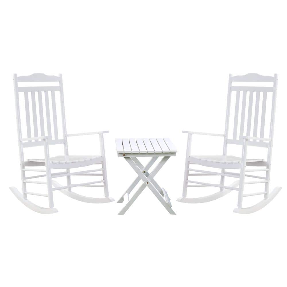 BplusZ White Wood Outdoor Rocking Chair Set of 3,2 Outdoor Rockers and 1 Small Foldable Side