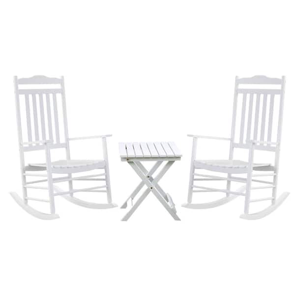 BplusZ White Wood Outdoor Rocking Chair Set of 3,2 Outdoor Rockers and 1 Small Foldable Side Table Suitable for Bistro Porch