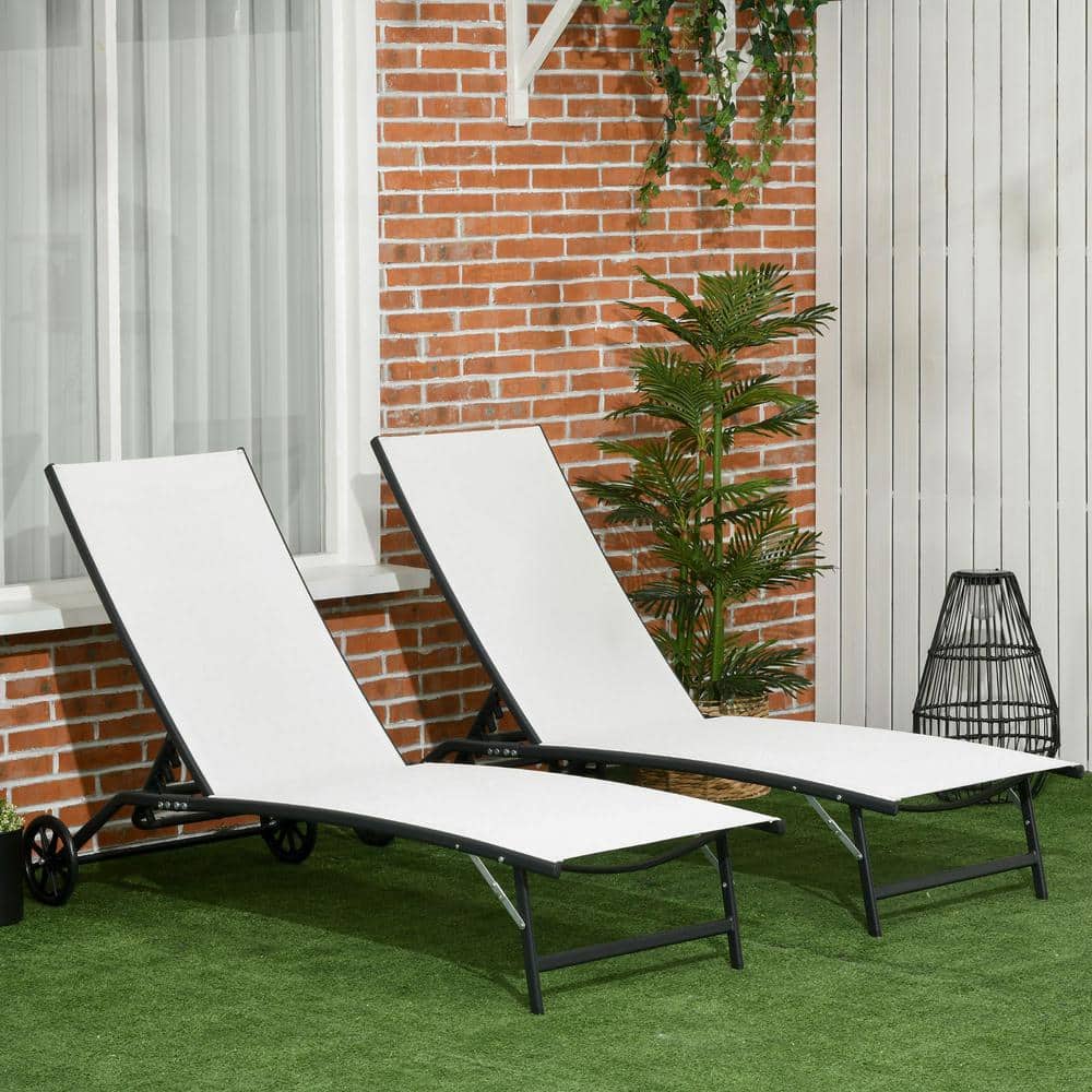 White Steel Armless Folding Chaise Lounger Set of 2