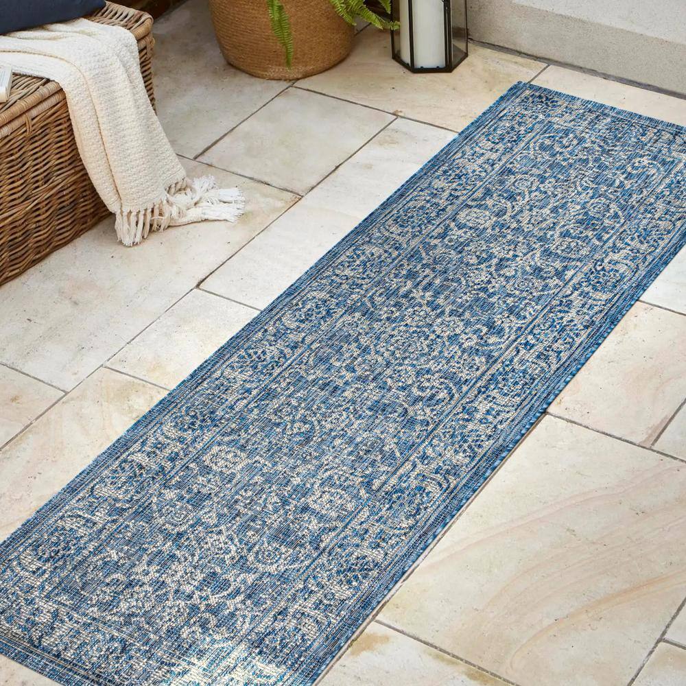 Navy and Gray Synthetic Flat Woven Runner Rug, 2'-2" x 8'