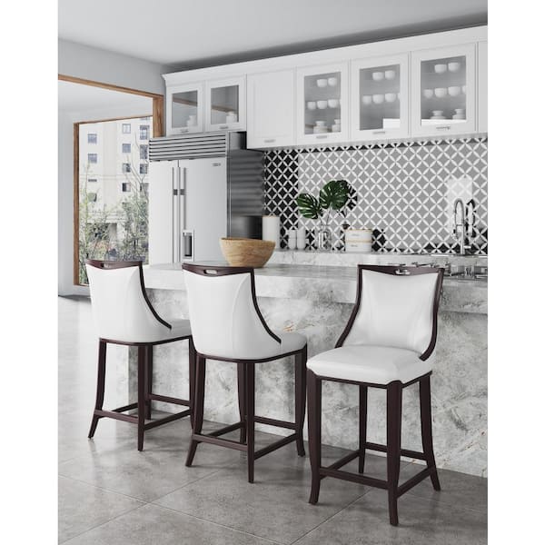 Emperor 27 in. Pearl White and Walnut Beech Wood Bar Stool with Faux Leather Upholstered Seat (Set of 3)