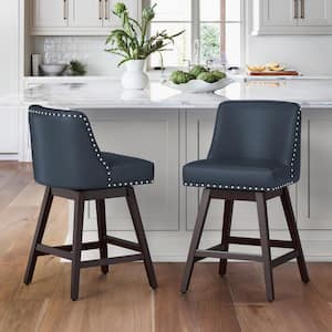 26 in. Navy Blue Wood 360 Free Swivel Upholstered Counter Bar Stool w/Back Performance Faux Leather Bar Stool Set of 2