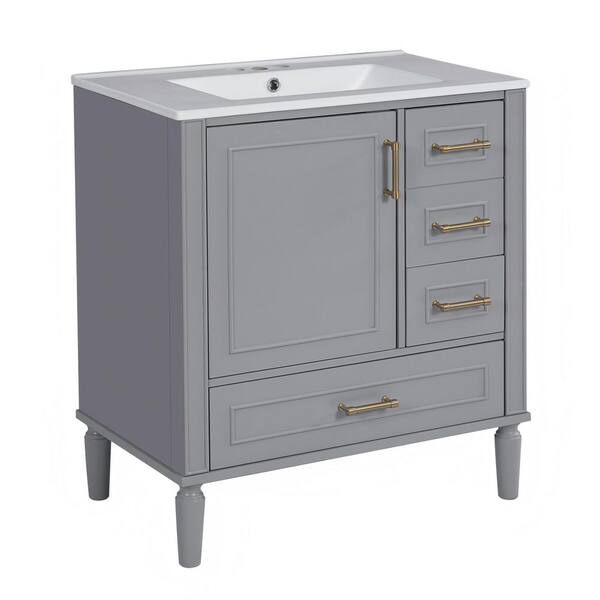 30 in. W x 18.3 in. D x 34 in. H Single Sink Solid Wood Frame Bath Vanity in Gray with White Ceramic Top