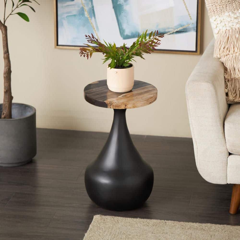 12 in. Black Handmade Fluted Large Round Wood End Table with Brown Tabletop