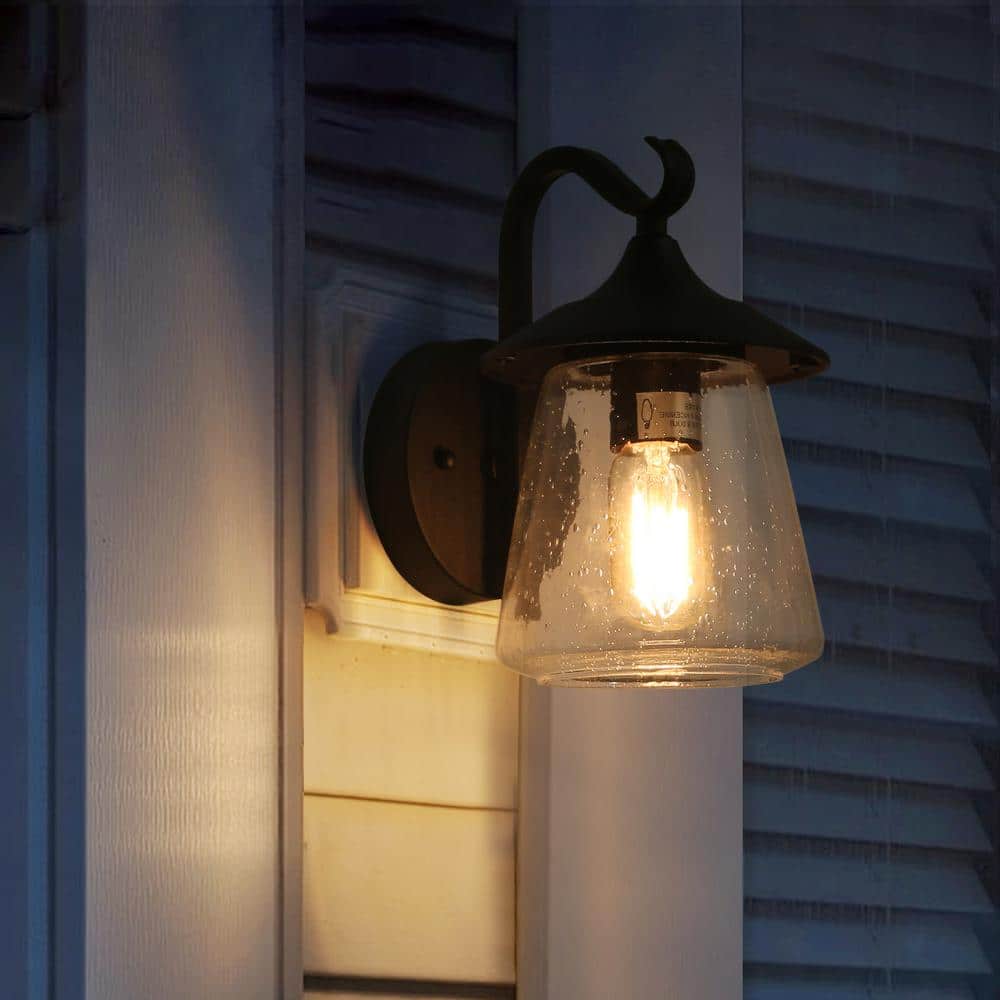Modern Black Metal Outdoor Lantern Sconce with Seeded Glass