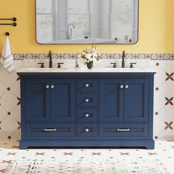 ANGELES HOME 60 in. W Freestanding Navy Blue Bath Vanity with Carrara White Marble Top, Double Sink, Assembled