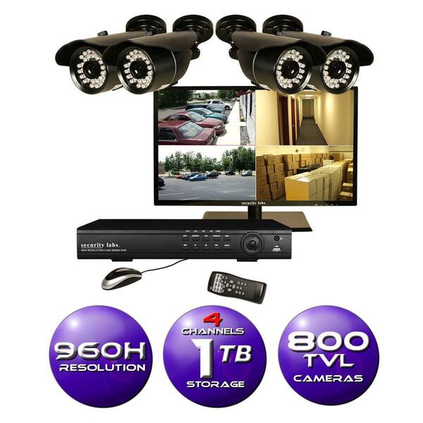 Security Labs 4-Channel 960H Surveillance System with 1TB HDD and (4) 800TVL Cameras and 19 in. LED HD Monitor