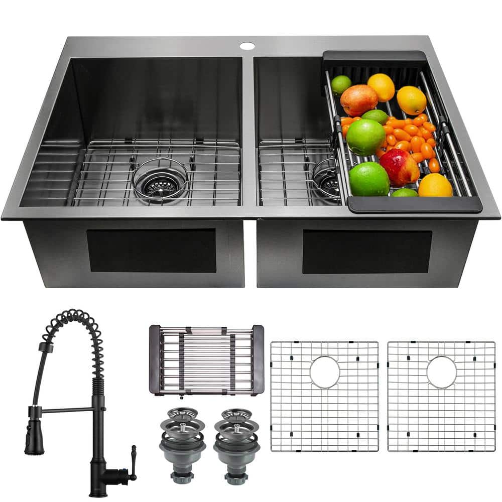 AKDY All-in-One Gunmetal Matte Black Finish Stainless Steel 33 in. Double Bowl  Drop-In Kitchen Sink with Kitchen Faucet KS0533-KF12 The Home Depot