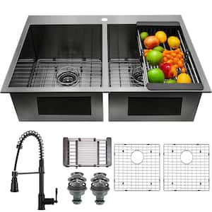 All-in-One Gunmetal Matte Black Finish Stainless Steel 33 in. Double Bowl Drop-In Kitchen Sink with Kitchen Faucet