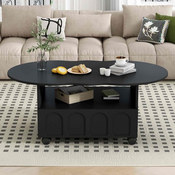 Polibi 39.37 in. Black Specialty Wood Coffee Table with 2 Brake Wheels, Drawer