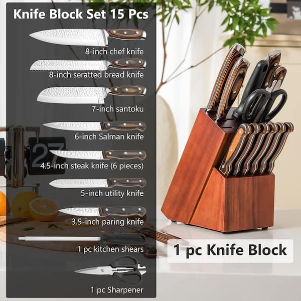 MasterChef Kitchen Knife Set with Block and Sharpener Plus Scissors, 15pc  Chef Knife Set of Professional Grade Kitchen Knives with Sharpened High