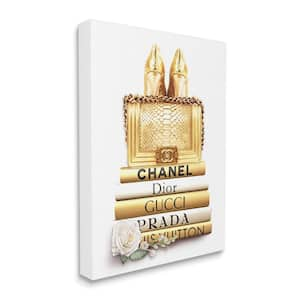 "Divine Golden Fashion Purse on Designer Bookstack" Ros Ruseva Unframed Abstract Canvas Wall Art Print 30 in. x 40 in.