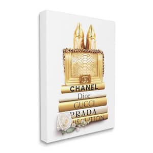 "Divine Golden Fashion Purse on Designer Bookstack" Ros Ruseva Unframed Abstract Canvas Wall Art Print 36 in. x 48 in.
