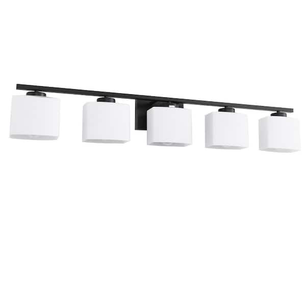 40 in. 5 Light Matte Black Vanity Light with White Glass Shades for Bathroom Vanity Powder Room or Dressing Room