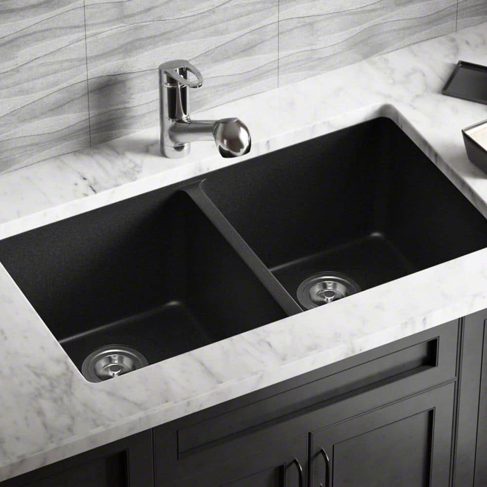 Mr Direct Black Quartz Granite 33 In Double Bowl Undermount Kitchen Sink With Strainers 802 Bl Bskt The Home Depot