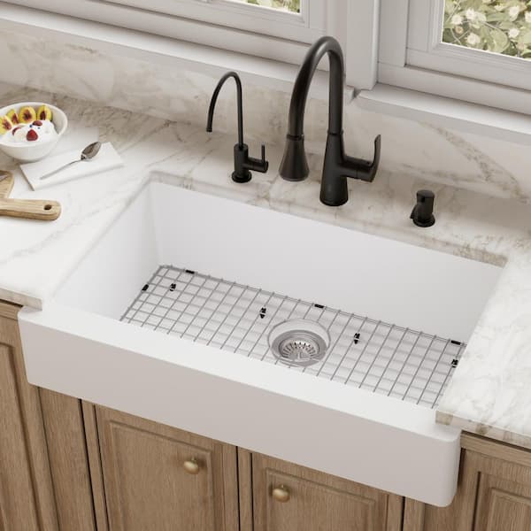 QAR-740 Quartz/Granite 34 in. Single Bowl Retrofit Farmhouse/Apron Front Kitchen Sink in White with Grid and Strainer