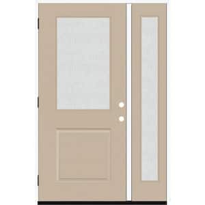 Legacy 53 in. x 80 in. 1/2 Lite Rain Glass RHOS Primed Sandstone Finish Fiberglass Prehung Front Door w/14 in. SL
