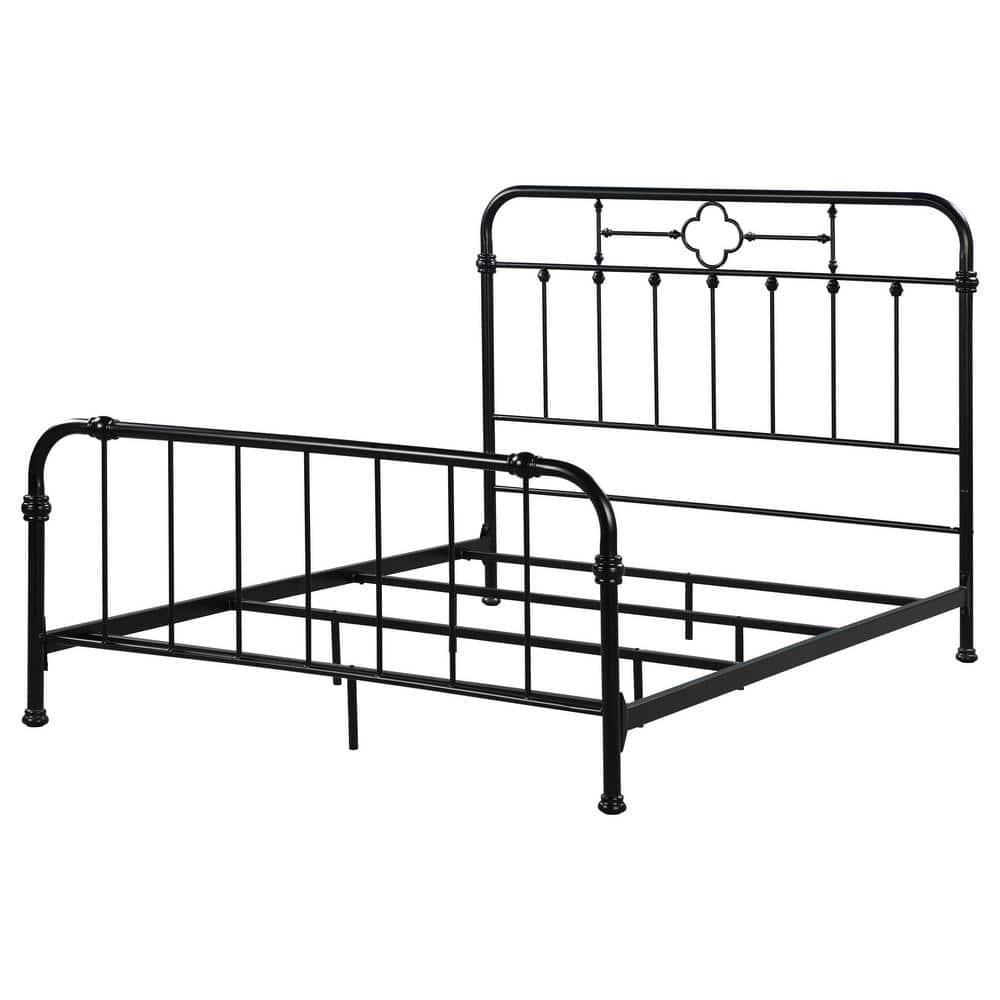 Matte Black Queen Metal Bed with Upholstered Headboard
