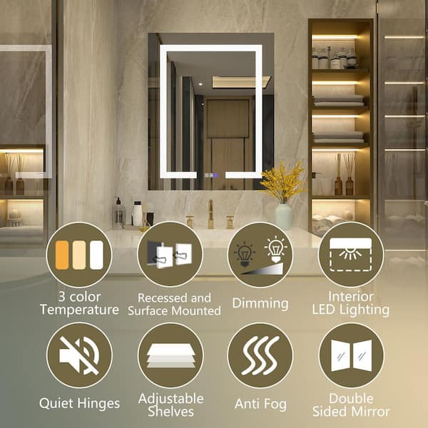 24 in. W x 30 in. H Rectangular Silver Aluminum Recessed/Surface Mount Medicine Cabinet with Mirror LED(Right Open)