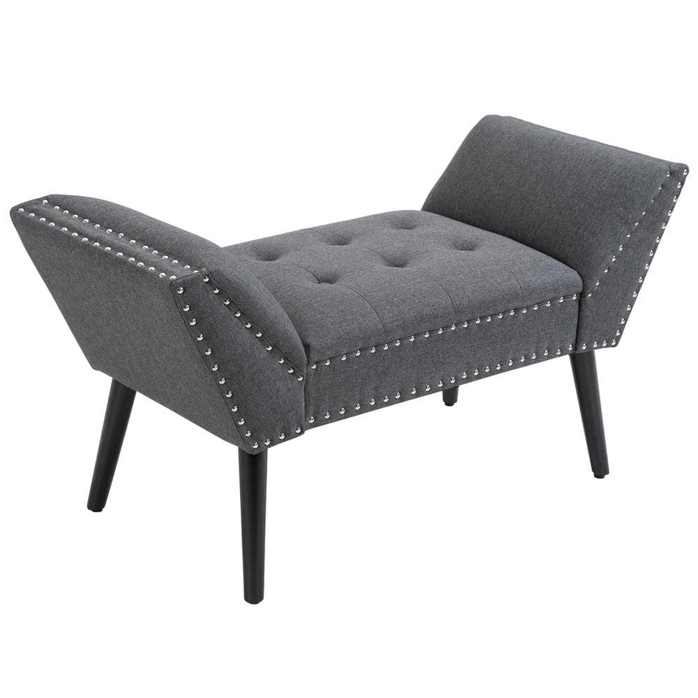 Modern Charcoal Grey Tufted Linen-Like Footstool Bench