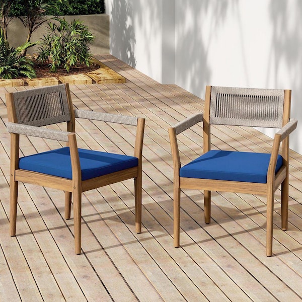 Teak Acacia Wood Outdoor Lounge Chair w/ Navy Cushions, All-Weather ...