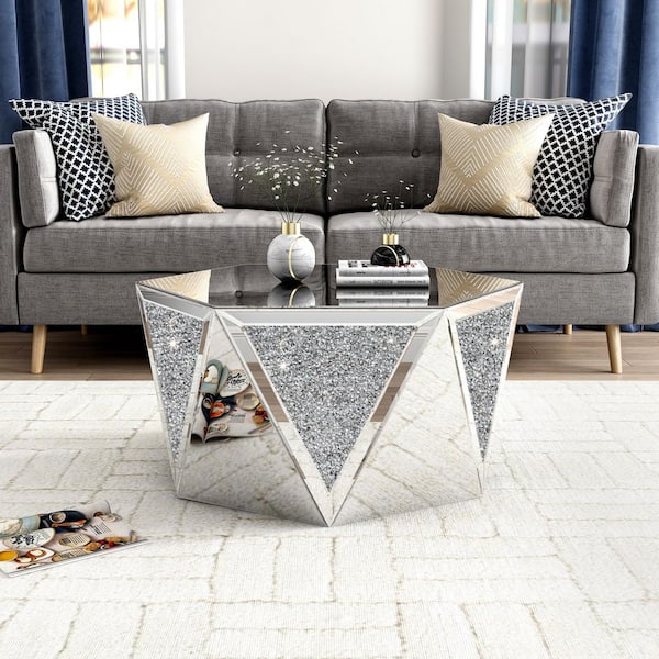 Silver 31.5 in. W x 15.75 in. H Hexagonal Glass Coffee Table with Mirrored Top