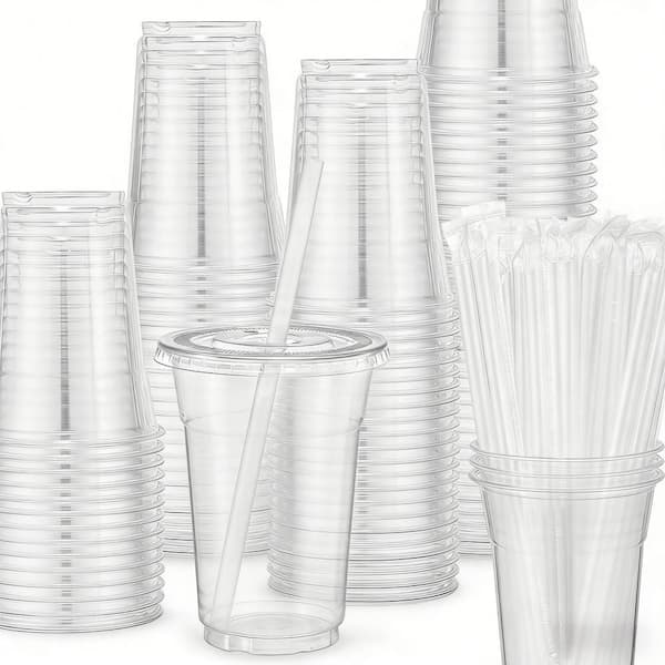 16 oz. Disposable Plastic Cups with Lids and Straws for Iced Coffee, Smoothie, Milkshake, Cold Drinks, Clear (100-Pack)