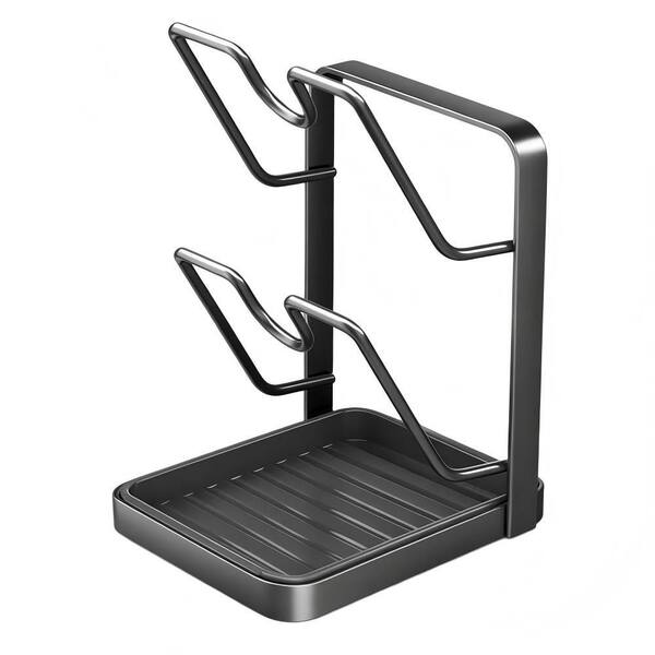 Standing Carbon Steel Countertop Pot Rack Single, Double Layer with Detachable Drip Tray for Lid and Utensil Storage