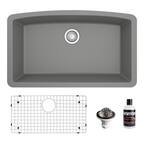 QU-712 Quartz/Granite 32 in. Single Bowl Undermount Kitchen Sink in Grey with Bottom Grid and Strainer