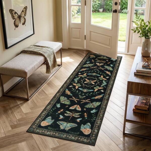 2 ft. x 6 ft. Black Vintage Animal Insect Moth Washable Non Slip Entryway Kitchen Area Rug