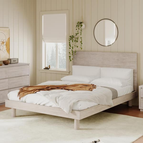 Polibi Modern Concise Style Stone Gray Solid Wood Grain Frame Queen Size Platform Bed