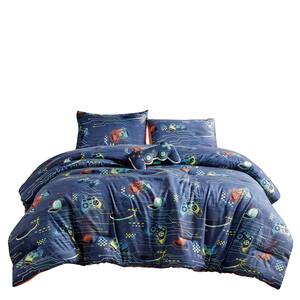 4 Piece Full/Queen Bedding Comforter Set, Ultra Soft Polyester Elegant Bedding Comforters--Navy with Game Console