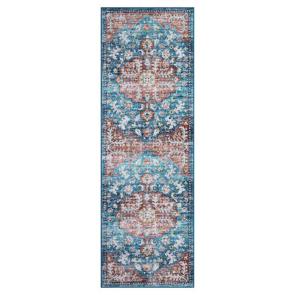 Ultra Thin Washable Rug 2x6ft Vintage Printed Carpet Foldable Indoor Decorative Carpet, Blue
