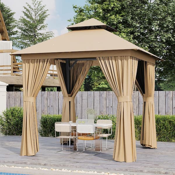 Beige Outdoor Gazebo for Patio 8 ft. x 8 ft. Metal Frame Canopy with Double Roofs, Heavy Duty Party Tent and Shelter