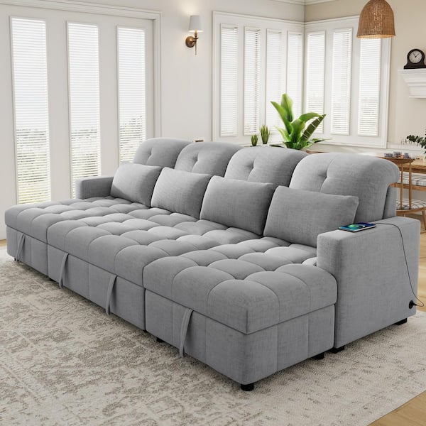 Gray 110.2 in. Oversized U-Shaped Queen Size Pull-out Sofa Bed with 2 Storage Chaise Lounges and 2 USB Ports