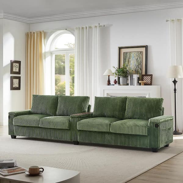 Noble House Eri 133 in. Square Arm Corduroy Rectangle Sofa in Green USB Ports Hidden Storage Arms Flip-Top Cup Holders