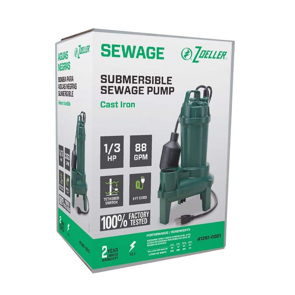 Zoeller Green Cast Iron 1/3 HP Sewage Pump with Tethered Float Switch