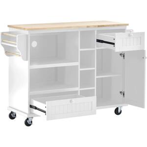 FAMYYT White Rolling Rubber Wood Desktop 51 in. Kitchen Island with ...